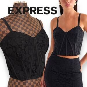 Express Cropped Corset Top Size 10 Black Lace Bustier $78 NEW Fairy Goth Witchy